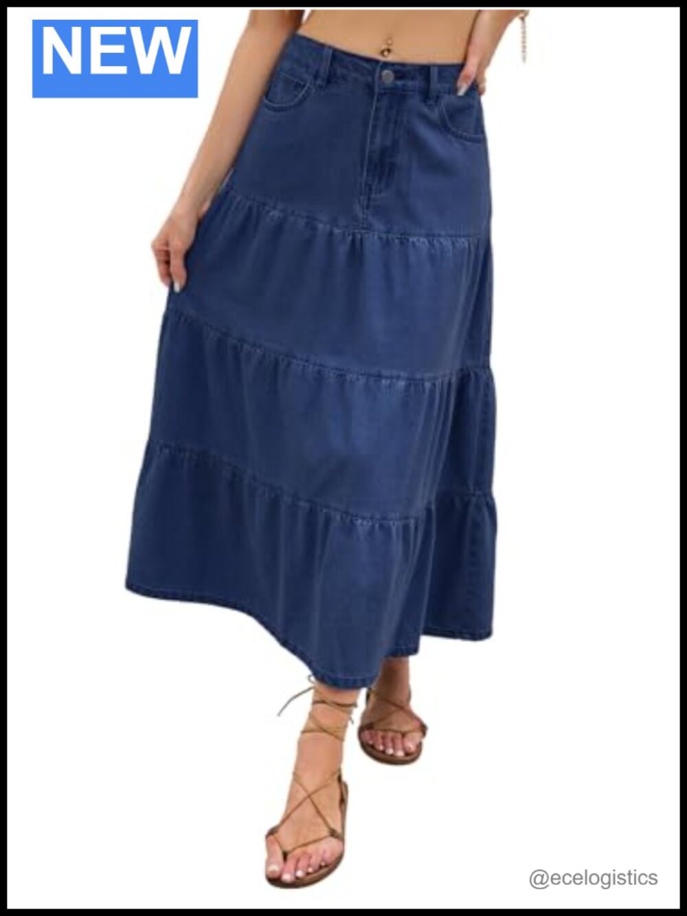 Cotton Blend Denim Maxi Skirt High Waisted Tiered A-Line Long Jean Skirt